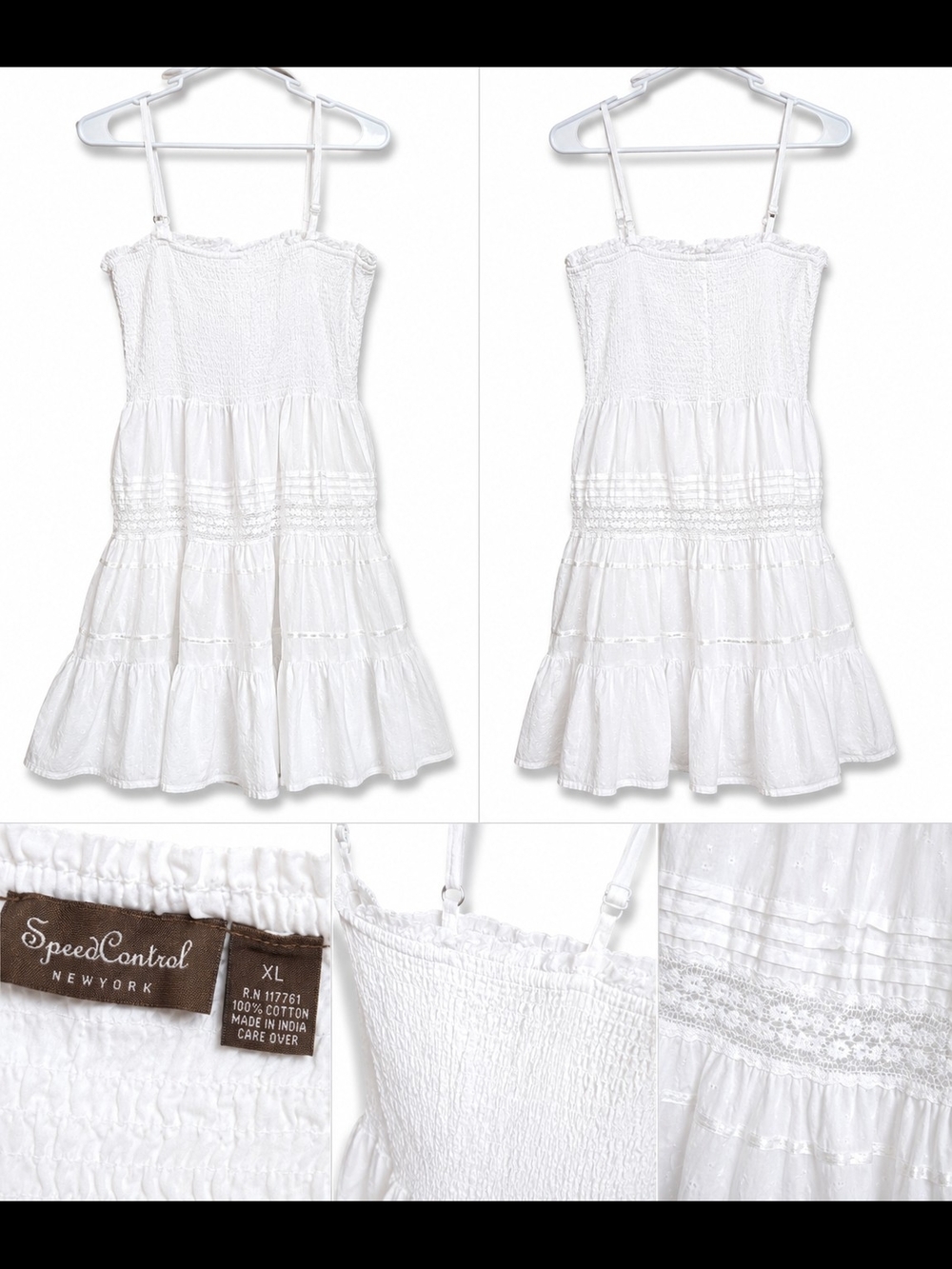Speed Control White Smocked Cotton Sundress Boho Tiered Dress XL